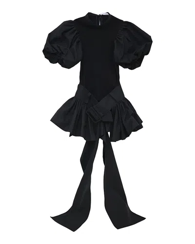 Rokh Belted Flare Puff Sleeve Top In Black