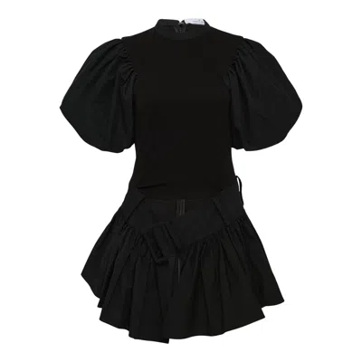 Rokh Belted Flare Puff Top In Black