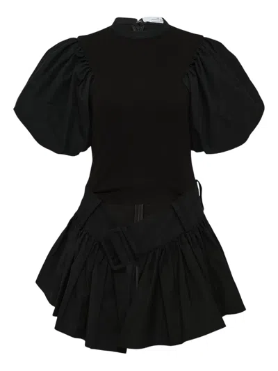Rokh Belted Puff-sleeves Flared Top In Black