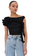 Rokh Flower Draped Off Shoulder Top Black In Black