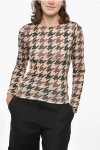 Rokh Long Sleeved Crew-neck Top With Houndstooth Motif In Brown