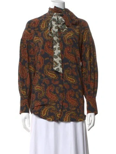 Pre-owned Rokh Paisley Print Tie Neck Blouse In Blue