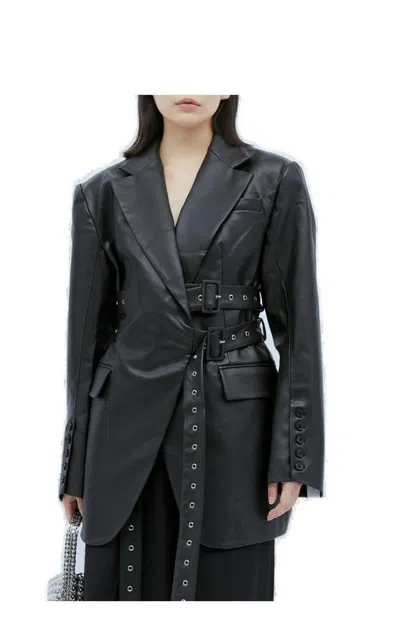 Rokh Triple Belt Faux Leather Blazer In Black