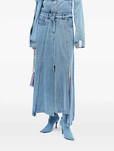 Rokh Slit Denim Midi Skirt In Blue