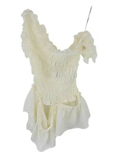 Rokh Smocking Ruffled Top In Neutral