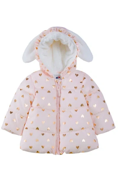 Rokka&rolla Baby Soft Fleece Lined Bunny Puffer Jacket In Pink Frost/heart Foil Print