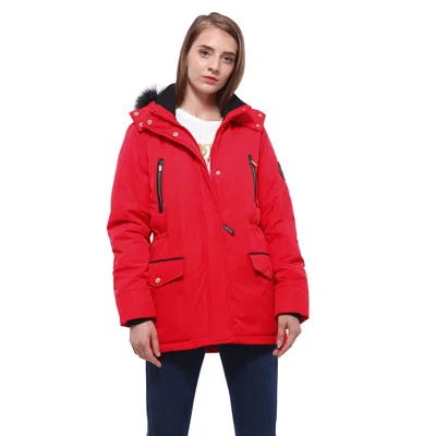 Rokka&rolla Women's Winter Coat With Faux Fur Hood Parka Jacket In Red