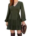 Rokoko Long Sleeve Tiered Dress In Olive In Green
