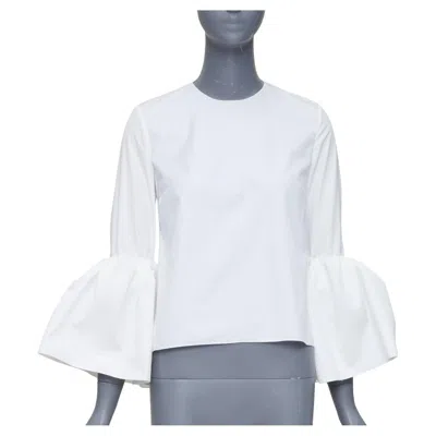 Pre-owned Roksanda Cream Cotton Fit Flare Ruffled Cuff Fitted Crew Neck Shirt Uk6 Xs In White
