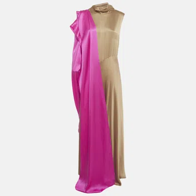 Pre-owned Roksanda Ilincic Roksanda Brown Colorblock Silk Shoulder Drape Maxi Dress M