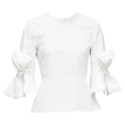 Roksanda Kemi Cotton Poplin Bow Cuff Sleeve Peplum Top In White