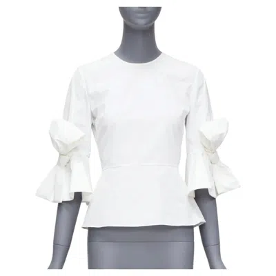 Pre-owned Roksanda Kemi White Cotton Poplin Bow Cuff Flared Sleeve Peplum Top Uk6 Xs