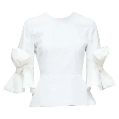 Pre-owned Roksanda Kemi White Cotton Poplin Bow Cuff Flared Sleeve Peplum Top Uk6 Xs