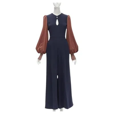 Pre-owned Roksanda Navy Brick Red Puff Sleeve Keyhole Neckline Wide Leg Jumpsuit Uk6 Xs