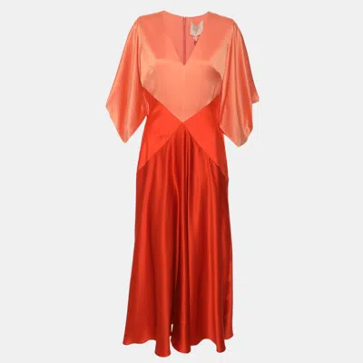 Pre-owned Roksanda Two Tone Orange Satin Draped Sleeve Paneled Midi Dress L