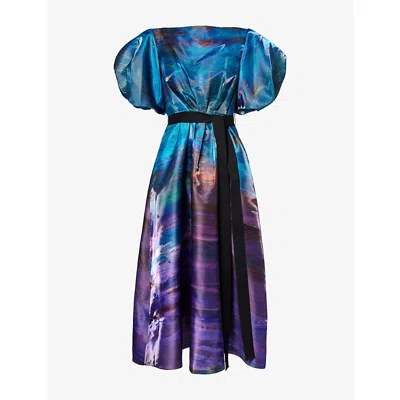 Roksanda Womens Azure Cassis Zinnia Puff-sleeve Satin Midi Dress In Blue