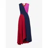 Roksanda Miral Asymmetric Color-block Crepe De Chine Midi Dress In Fuchsia/crimson/navy