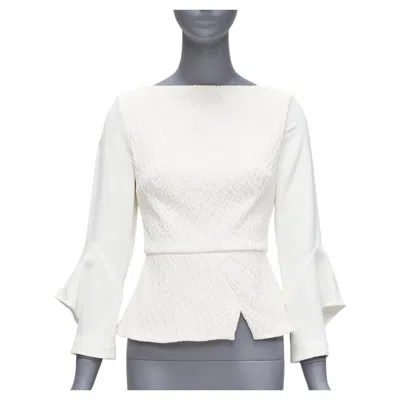 Pre-owned Roland Mouret 2018 Richardson Cream Textured Crepe Ruffle Cuff Peplum Top Uk6 Xs In White