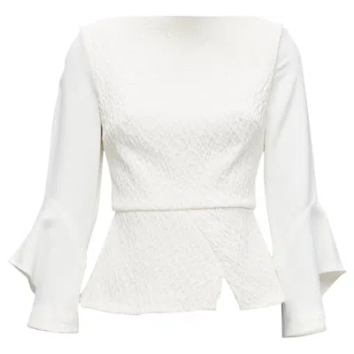 Pre-owned Roland Mouret 2018 Richardson Cream Textured Crepe Ruffle Cuff Peplum Top Uk6 Xs In White