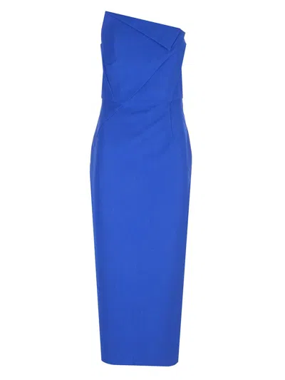 Roland Mouret Strapless Asymmetric Crepe Midi Dress In Blue