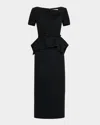Roland Mouret Asymmetric Twist Boucle Belted Peplum Midi Dress In Black