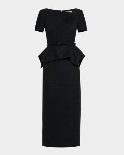 Roland Mouret Asymmetric Twist Boucle Belted Peplum Midi Dress In Black