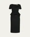 Roland Mouret Asymmetric Twist Boucle Belted Peplum Midi Dress In Black