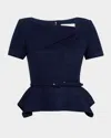 Roland Mouret Asymmetric Twist Boucle Belted Peplum Top In Blue