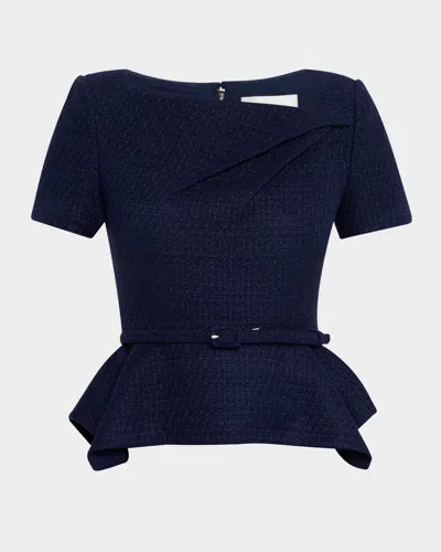 Roland Mouret Asymmetric Twist Boucle Belted Peplum Top In Blue