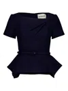 Roland Mouret Asymmetric Twist Boucle Belted Peplum Top In Blue