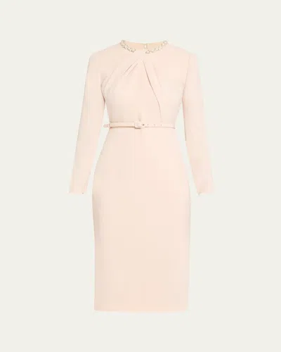 Roland Mouret Beaded Twist Long-sleeve Light Cady Midi Dress In Neutral