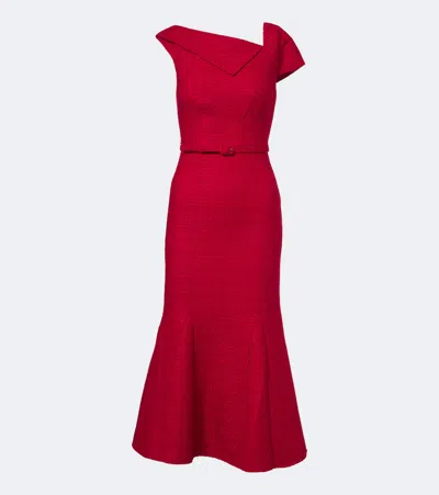 Roland Mouret Belted Asymmetric Bouclé Cocktail Dress In Burgundy
