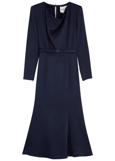 Roland Mouret Belted Crepe De Chine Midi Dress In Navy