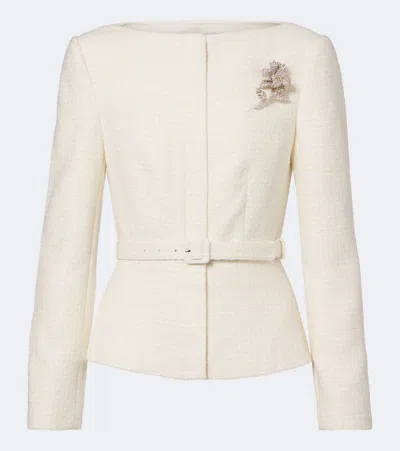 Roland Mouret Belted Embellished Boucle Jacket In White