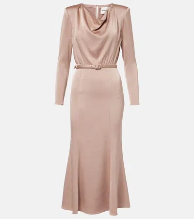 Roland Mouret Belted Satin Crêpe Midi Dress In Beige