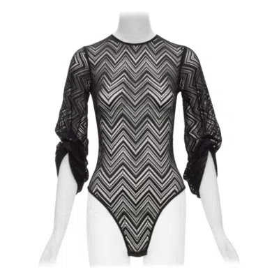 Pre-owned Roland Mouret Black Chevron Lattice Lace Draped Charm Sleeves Bodysuit Top Xs