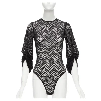 Pre-owned Roland Mouret Black Chevron Lattice Lace Draped Charm Sleeves Bodysuit Top Xs