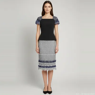 Pre-owned Roland Mouret Black Crepe And Tweed Fringed Blouse And Skirt Set M/s