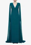 Roland Mouret Cape-sleeved Crepe Gown In Green