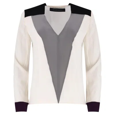Pre-owned Roland Mouret Colour-block V-neck Silk Top In Gray