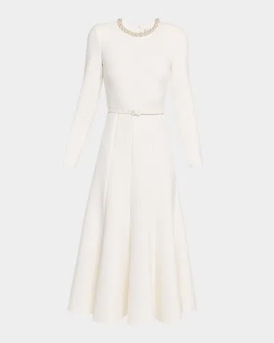 Roland Mouret Crystal-neck Belted Long-sleeve Midi Dress In White