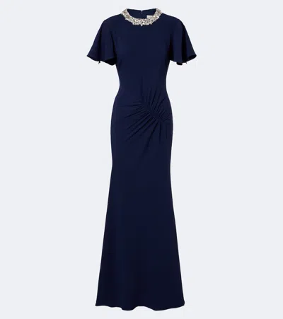 Roland Mouret Crystal-embellished Gathered Gown In Blue