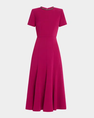 ROLAND MOURET DIAMANTE NECK LIGHT CADY MIDI DRESS