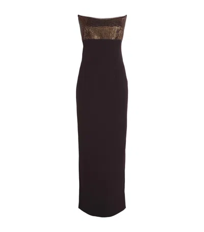 Roland Mouret Diamante-embellished Off-the-shoulder Gown In Brown
