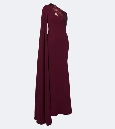 Roland Mouret Embellished Caped One-shoulder Gown In Burgundy