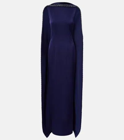 Roland Mouret Embellished Caped Satin Crepe Gown In Blue