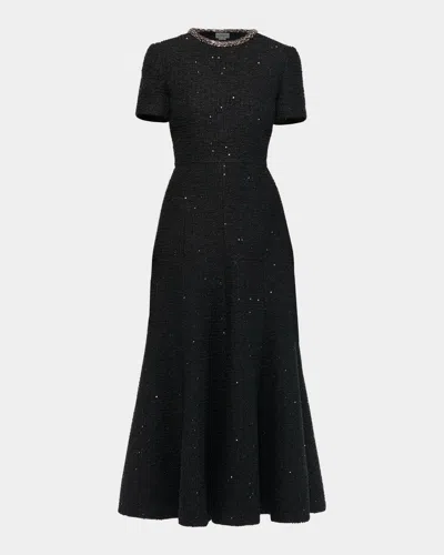 Roland Mouret Embellished-neckline Sequin Tweed Short-sleeve Midi Dress In Black