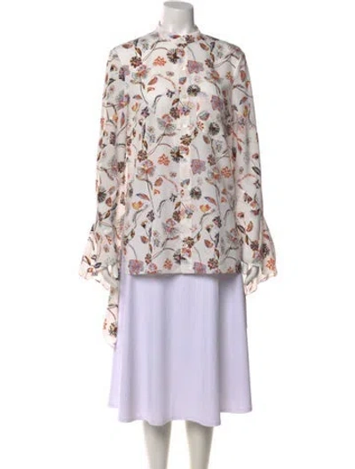 Pre-owned Roland Mouret Floral Print Long Sleeve Blouse In White