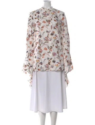 Pre-owned Roland Mouret Floral Print Mock Neck Blouse In White
