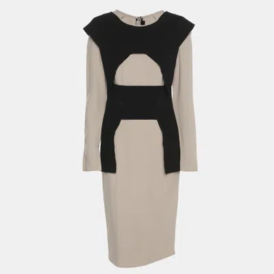 Pre-owned Roland Mouret Grey/black Stretch Crepe Long Sleeve Midi Dress M In Gray